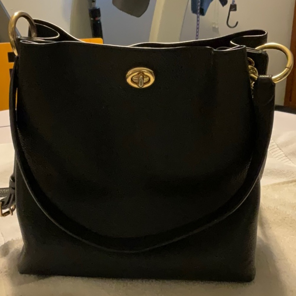 Classic Black Shoulder Bucket Bag with Gold Accent